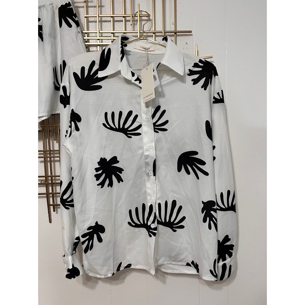 COMMense White Black Abstract Print Button Down Shirt & Shorts Set XS - Picture 2 of 12